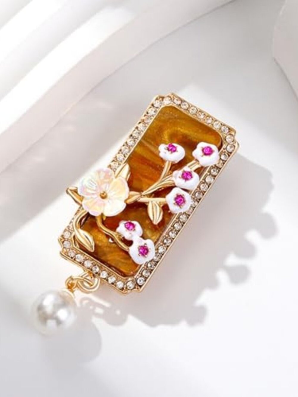 New - Plum Blossom Brooch And Pins Rhinestone Crystal Brown Geometric Square